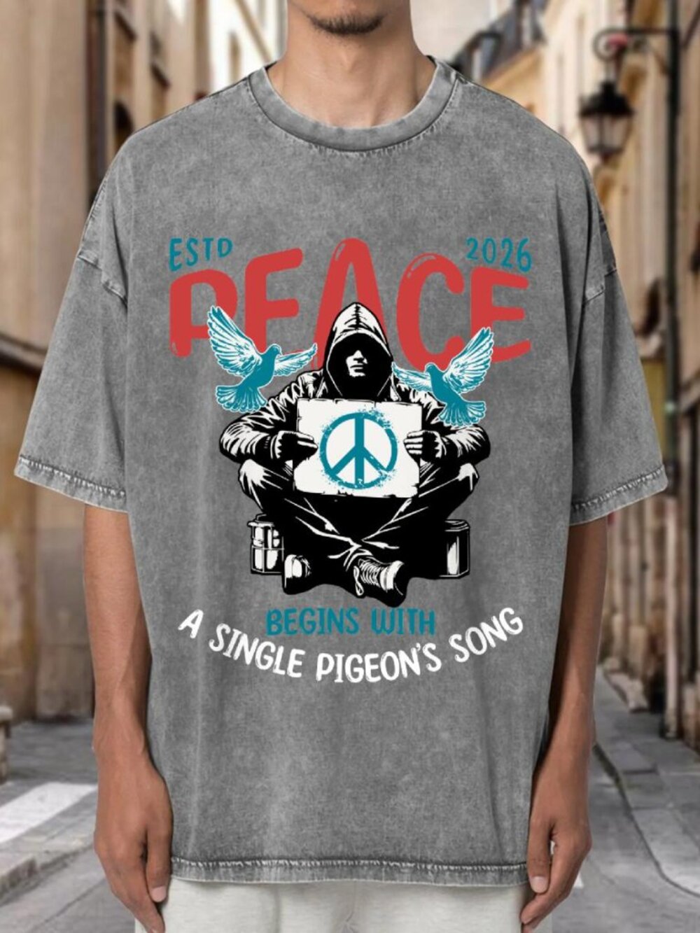Peace Hooded Figure Doves Streetwear T-shirt OIVYHFE2OY02